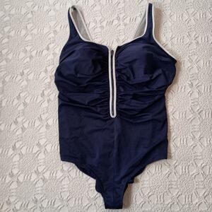Delimita Navy Blue One-Piece Swimsuit Tummy Control Slimming Zip Up 22w Women